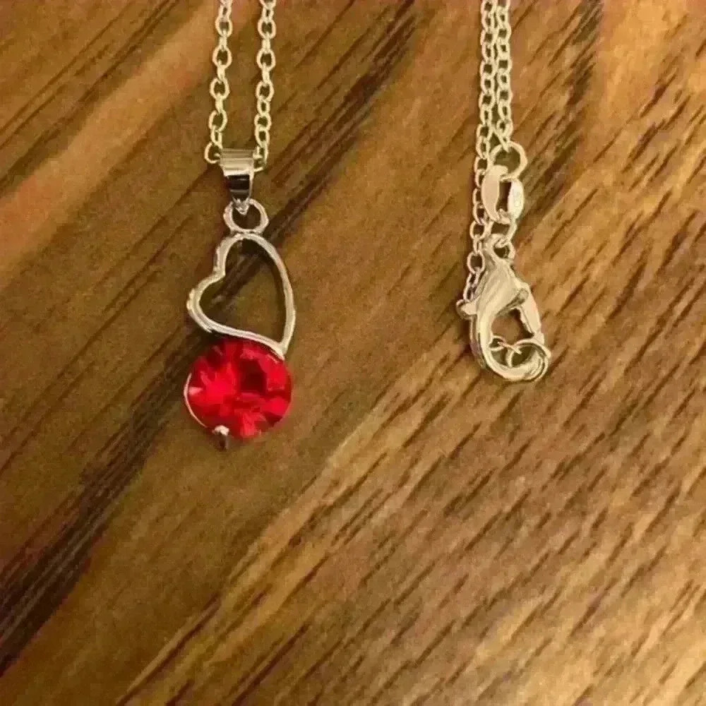 Ruby Red and Silver Tone Heart Pendant with Silver Chain
